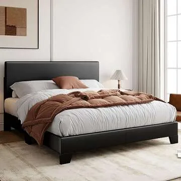 Allewie Queen Bed Frame with Adjustable Headboard, Faux Leather Platform Bed with Wood Slats, Heavy Duty Mattress Foundation, No Box Spring Needed, Noise-Free, Easy Assembly, Black
