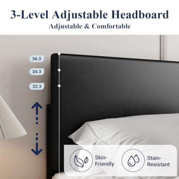 Allewie Queen Bed Frame with Adjustable Headboard, Faux Leather Platform Bed with Wood Slats, Heavy Duty Mattress Foundation, No Box Spring Needed, Noise-Free, Easy Assembly, Black