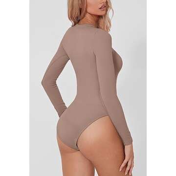 QINSEN Women's Mock Neck Bodysuit Sexy Long Sleeve Bodycon Tops Bodysuits Stucco M