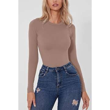 QINSEN Women's Mock Neck Bodysuit Sexy Long Sleeve Bodycon Tops Bodysuits Stucco M