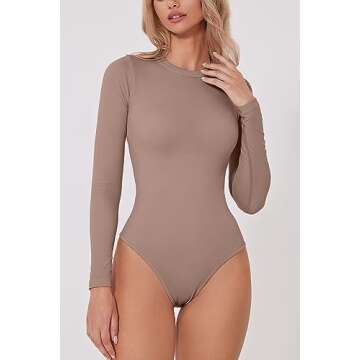 QINSEN Women's Mock Neck Bodysuit Sexy Long Sleeve Bodycon Tops Bodysuits Stucco M