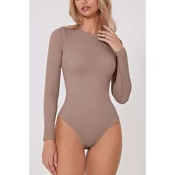 QINSEN Women's Mock Neck Bodysuit Sexy Long Sleeve Bodycon Tops Bodysuits Stucco M
