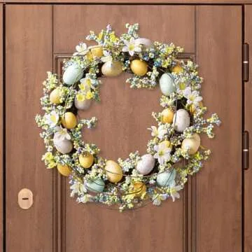Lillian Vernon Faux Pastel Easter Egg Spring Wreath - Seasonal Front Door Decorations, Indoor & Outdoor Porch, Home, & Wedding Decor, Large 17 Inch Decorative Wreaths