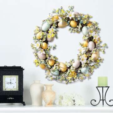 Lillian Vernon Faux Pastel Easter Egg Spring Wreath - Seasonal Front Door Decorations, Indoor & Outdoor Porch, Home, & Wedding Decor, Large 17 Inch Decorative Wreaths