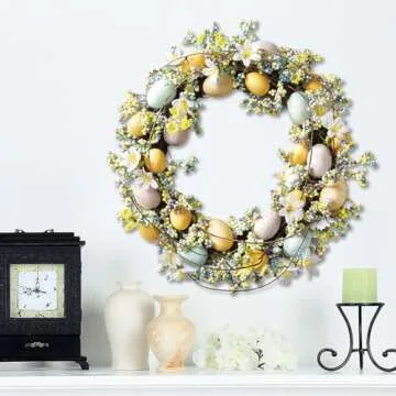 Lillian Vernon Faux Pastel Easter Egg Spring Wreath - Seasonal Front Door Decorations, Indoor & Outdoor Porch, Home, & Wedding Decor, Large 17 Inch Decorative Wreaths