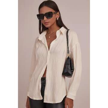 CHYRII Women's Textured Button Down Long Sleeve Shirts Casual Work Office Blouse Tops Apricot S