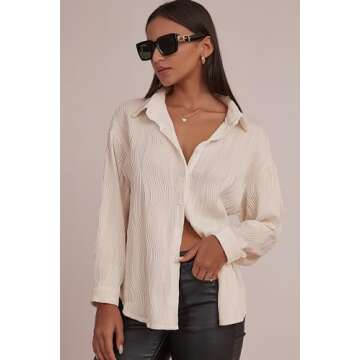 CHYRII Women's Textured Button Down Long Sleeve Shirts Casual Work Office Blouse Tops Apricot S