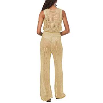 Pink Queen Women's 2 Piece Summer Crochet Hollow Out Sleeveless Swimsuit Cover Up Set Crop Top Wide ...