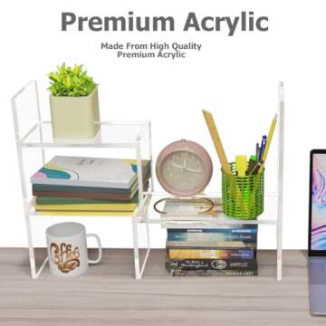Adjustable Acrylic Desk Shelf for Top of Desk: Clear Desktop Shelf, Premium Desktop Bookshelf Organizer, Office Table Book Shelves