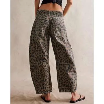 Yiulangde Barrel Leopard Print Jeans for Women | Casual Wide Leg Denim