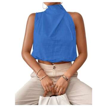 RoseSeek Women's High Neck Sleeveless Blouses Dressy Casual Crop Tops Work Business Blouse Shirt Tank Top Blue Small