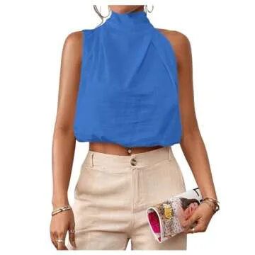 RoseSeek Women's High Neck Sleeveless Blouses Dressy Casual Crop Tops Work Business Blouse Shirt Tank Top Blue Small