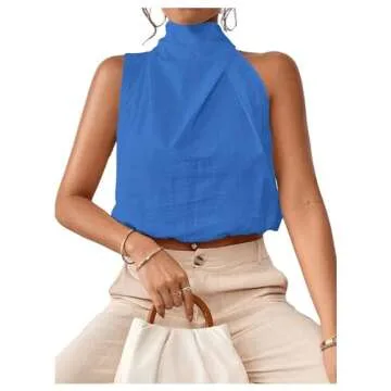 RoseSeek Women's High Neck Sleeveless Blouses Dressy Casual Crop Tops Work Business Blouse Shirt Tank Top Blue Small