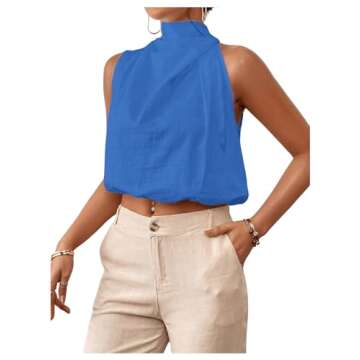 RoseSeek Women's High Neck Sleeveless Blouses Dressy Casual Crop Tops Work Business Blouse Shirt Tank Top Blue Small