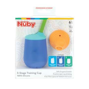 Nuby First Training Cup Set - Silicone Tumbler with Spout and Straw Combo - 4 oz - 6+ Months - Blue
