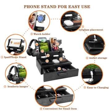 VEIYAILU Gifts for Him Husband Boyfriend Son Men Nightstand Organizer Wood Phone Docking Station Gift Ideas for Father's Day, Christmas, and Valentine's Day (Black)