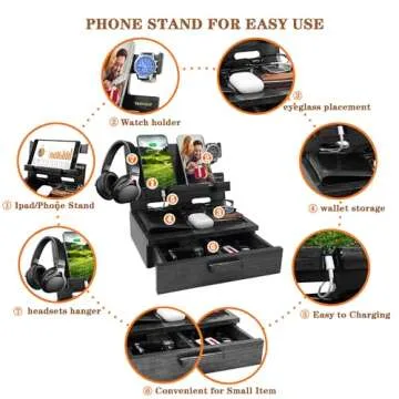 VEIYAILU Gifts for Him Husband Boyfriend Son Men Nightstand Organizer Wood Phone Docking Station Gift Ideas for Father's Day, Christmas, and Valentine's Day (Black)