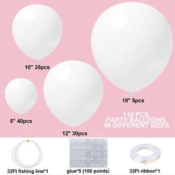 White Balloons 110Pcs White Balloon Garland Arch Kit 5/10/12/18 Inch Matte Latex White Balloons Diff...