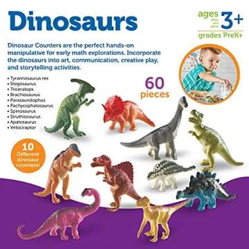 Learning Resources Dinosaur Counters, Set of 60 Colored Dinosaurs, Fine Motor Toy, Ages 3+, multi-color