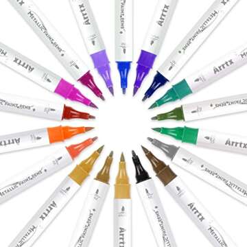 Arrtx 18 Colors Metallic Paint Pens Set - Dual-Tip Brush & Fine Markers for Crafting Success