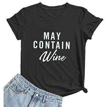 YEVEEY Funny T-Shirt Women's V-Neck Letter Print Casual Tee Short Sleeve Tops Black Medium