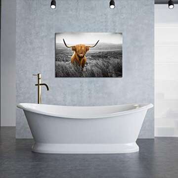 KLVOS Texas Longhorn Wall Art Black and White Farm Animal Highland Cattle Canvas Picture Farmhouse P...
