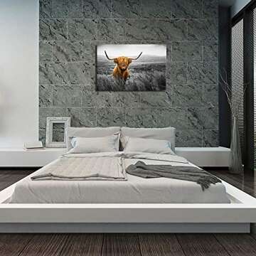 KLVOS Texas Longhorn Wall Art Black and White Farm Animal Highland Cattle Canvas Picture Farmhouse Prints Photo Paintings Modern Home Decoration Giclee Artwork Wood Frame Gallery Wrapped 24x36inch