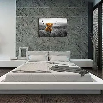 KLVOS Texas Longhorn Wall Art Black and White Farm Animal Highland Cattle Canvas Picture Farmhouse Prints Photo Paintings Modern Home Decoration Giclee Artwork Wood Frame Gallery Wrapped 24x36inch