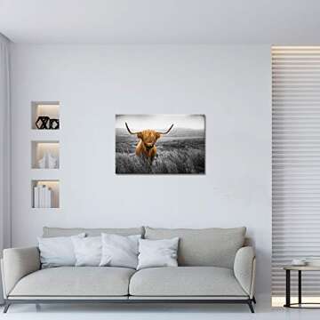 KLVOS Texas Longhorn Wall Art Black and White Farm Animal Highland Cattle Canvas Picture Farmhouse Prints Photo Paintings Modern Home Decoration Giclee Artwork Wood Frame Gallery Wrapped 24x36inch