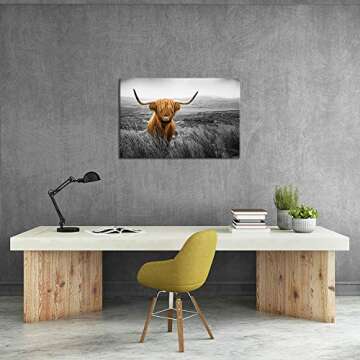 KLVOS Texas Longhorn Wall Art Black and White Farm Animal Highland Cattle Canvas Picture Farmhouse Prints Photo Paintings Modern Home Decoration Giclee Artwork Wood Frame Gallery Wrapped 24x36inch
