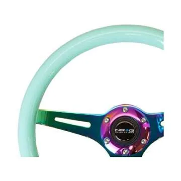 NRG Innovations NRG-ST-015MC-MF Classic Wood Grain Steering Wheel - 350mm, 6x70mm, 3 Neochrome Spokes - Minty Fresh Color