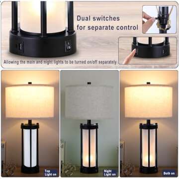Modern Table Lamps Set of 2 with 2 USB Charging Ports and Frosted Glass Night Light Rustic Lamps for Bedroom Lamps for bedrooms Set of 2 and Living Room Table Lamps Adjustable Color Temperature