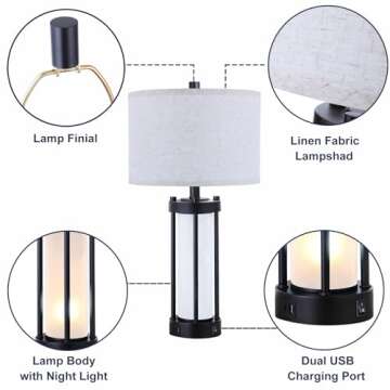 Modern Table Lamps Set of 2 with 2 USB Charging Ports and Frosted Glass Night Light Rustic Lamps for Bedroom Lamps for bedrooms Set of 2 and Living Room Table Lamps Adjustable Color Temperature