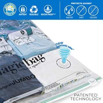 MagicBag Smart Design Instant Space Saver Storage - Flat Jumbo - Set of 4 Bags Total - Airtight Double Zipper - Vacuum Seal - Clothing, Pillows - Home Organization