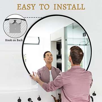 NeuType Round Mirror Circle Mirror 32 Inch Aluminum Alloy Frame Wall Mirror Large Vanity Hanging Decorative Mirrors for Entryway, Bathroom, Bedroom, Living Room, Black