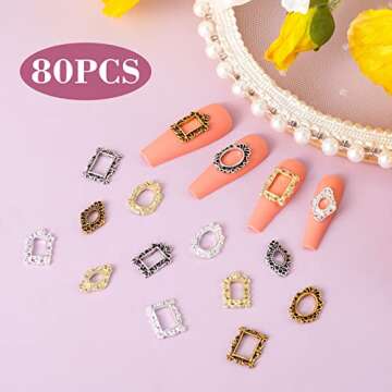 CHANZET 3D Metal Nail Charms 80pcs, Frame Gothic Nail Art Charms, Retro Gold Silver Nail Jewels Art Decoration for Women Girls Acrylic Nail DIY Craft Design Manicure Accessories