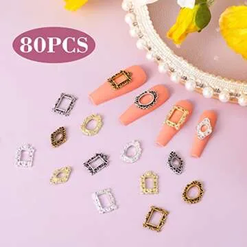 CHANZET 3D Metal Nail Charms 80pcs, Frame Gothic Nail Art Charms, Retro Gold Silver Nail Jewels Art Decoration for Women Girls Acrylic Nail DIY Craft Design Manicure Accessories