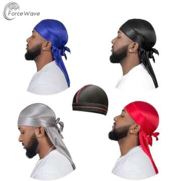 4PCS Silky Durags for Men Women 360 Waves with 1 Wave Cap, Silky Satin Durag Extra Long Tails