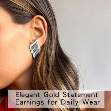 ENVYOU Geometric Rectangle Gold Stud Earrings Irregular Hammered Chunky Statement Square Earrings for Women Trendy (Silver Wings)