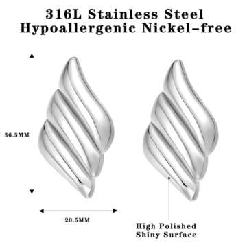 ENVYOU Geometric Rectangle Gold Stud Earrings Irregular Hammered Chunky Statement Square Earrings for Women Trendy (Silver Wings)