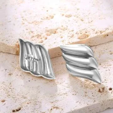 ENVYOU Geometric Rectangle Gold Stud Earrings Irregular Hammered Chunky Statement Square Earrings for Women Trendy (Silver Wings)