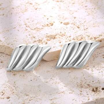 ENVYOU Geometric Rectangle Gold Stud Earrings Irregular Hammered Chunky Statement Square Earrings for Women Trendy (Silver Wings)