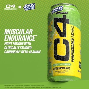 Cellucor C4 Performance Energy Drink | JOLLY RANCHER Green Apple | Zero Sugar Carbonated Preworkout Energy | 200mg Caffeine with Beta Alanine | 16 Fl Oz (12 Pack)