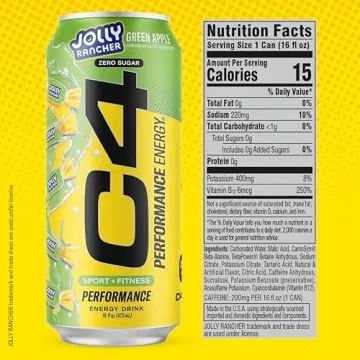 Cellucor C4 Performance Energy Drink | JOLLY RANCHER Green Apple | Zero Sugar Carbonated Preworkout Energy | 200mg Caffeine with Beta Alanine | 16 Fl Oz (12 Pack)