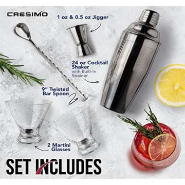 24oz Cocktail Shaker Set Bartender Kit with Stemless Glasses - Perfect Mixology Home Bar Set Gift - Large Drink Mixer and Bar Accessories: Jigger, Spoon and Glasses - Cresimo