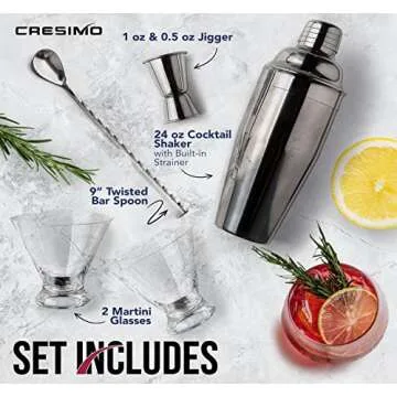 24oz Cocktail Shaker Set Bartender Kit with Stemless Glasses - Perfect Mixology Home Bar Set Gift - Large Drink Mixer and Bar Accessories: Jigger, Spoon and Glasses - Cresimo