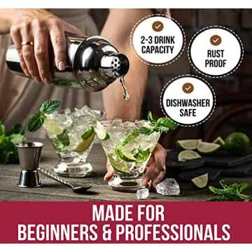24oz Cocktail Shaker Set Bartender Kit with Stemless Glasses - Perfect Mixology Home Bar Set Gift - Large Drink Mixer and Bar Accessories: Jigger, Spoon and Glasses - Cresimo