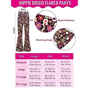 AOTHSO 8 Pack 70s Women Hippie Costume Set Top Sleeve Boho Flared Pants Headband Peace Sign Necklace Earrings Bag for Halloween Costume Cosplay