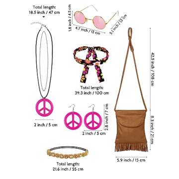 AOTHSO 8 Pack 70s Women Hippie Costume Set Top Sleeve Boho Flared Pants Headband Peace Sign Necklace Earrings Bag for Halloween Costume Cosplay