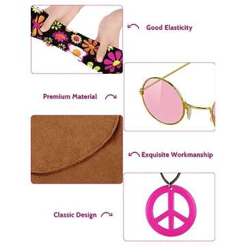 AOTHSO 8 Pack 70s Women Hippie Costume Set Top Sleeve Boho Flared Pants Headband Peace Sign Necklace Earrings Bag for Halloween Costume Cosplay